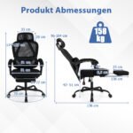 Ergonomiška biuro kėdė su ištraukiama kojų atrama ir reguliuojamu atlošu (Juoda)