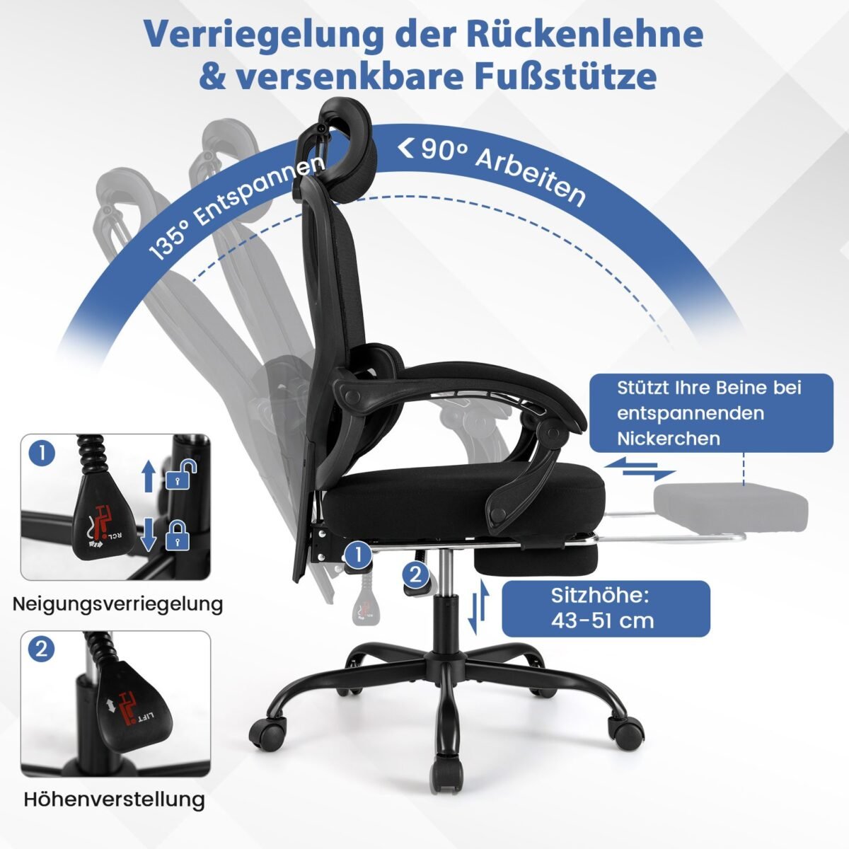 Ergonomiška biuro kėdė su ištraukiama kojų atrama ir reguliuojamu atlošu (Juoda)