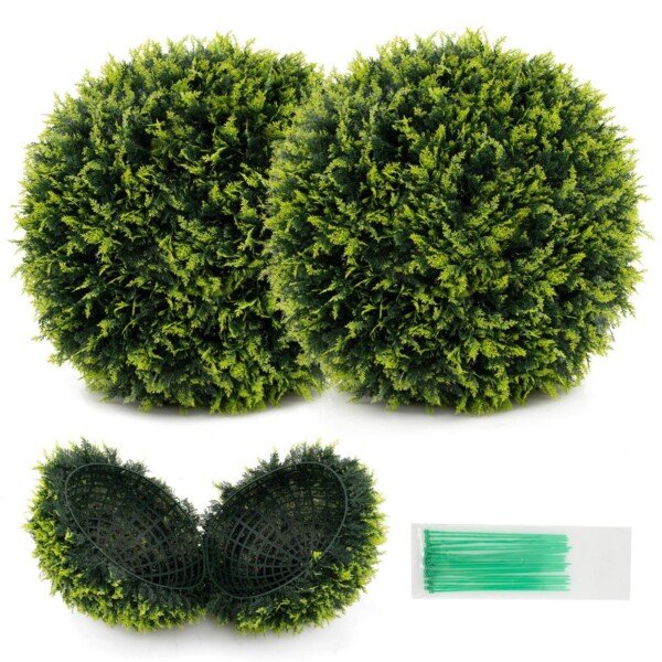 Dvi dirbtinės buksmedžio rutulio formos figūros 52 cm (Žalia)