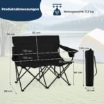 Sulankstoma dvivietė kempingo kėdė su porankiais ir puodelių laikikliais (Juoda)