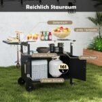 Praktiškas lauko kepsninės vežimėlis su nerūdijančio plieno stalviršiu ir sulankstomu šoniniu staliuku (Juoda)