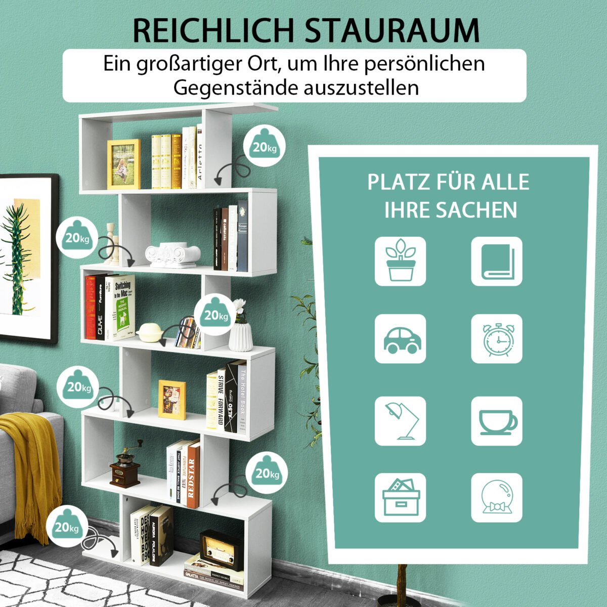 Elegantiška S formos 6 lygių pastatoma lentyna (Balta)