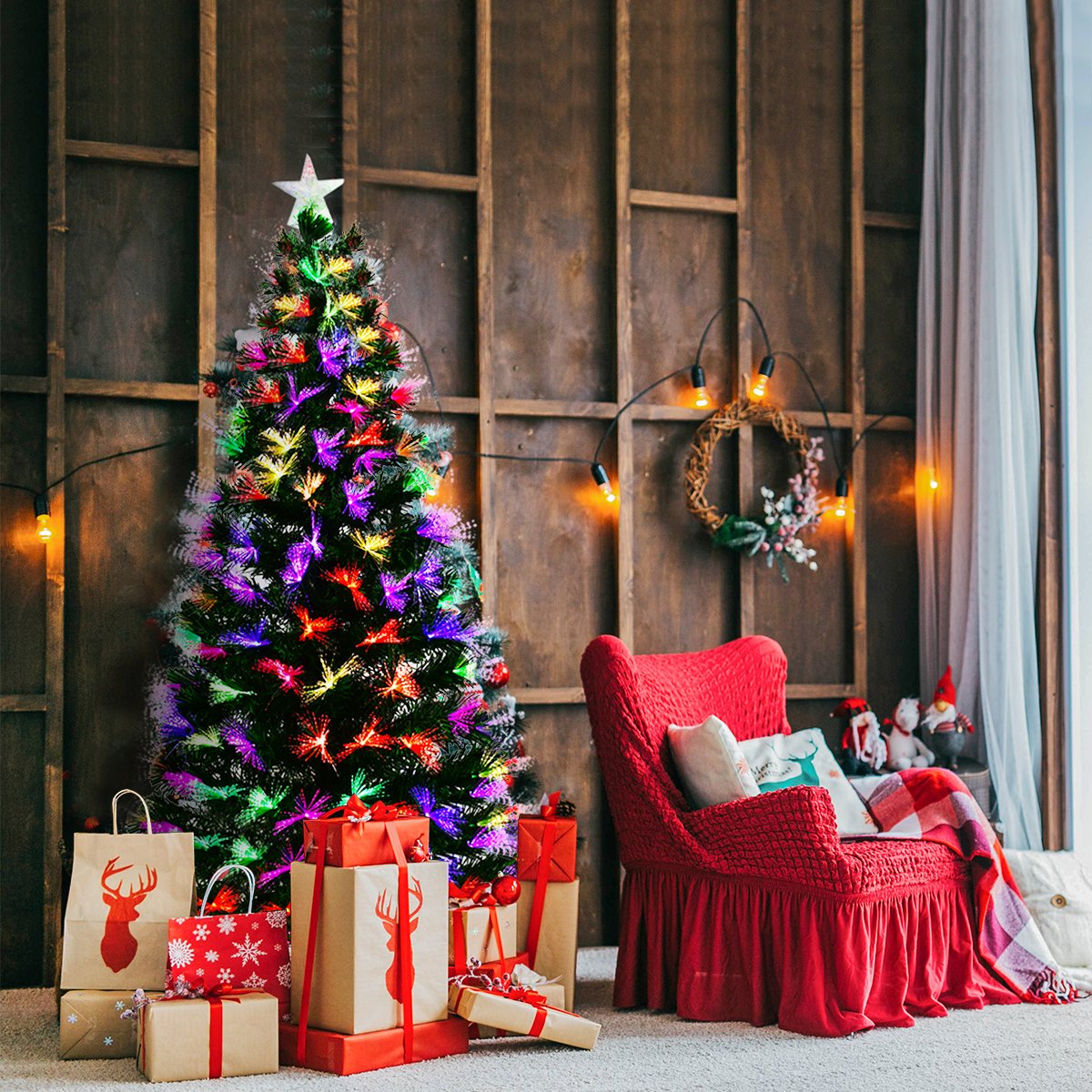 cm20562-_1__3 Dirbtinė Kalėdų eglutė su LED apšvietimu ir šviesolaidiniu spalvų keitikliu (Žalia)