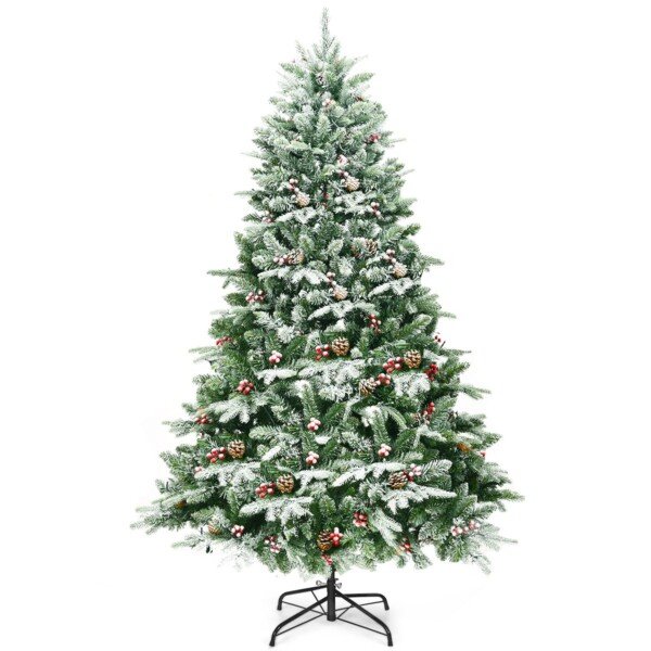 195 cm aukščio dirbtinė eglė su sniego imitacija pušies kankorėžiais ir raudonomis uogomis (Žalia)