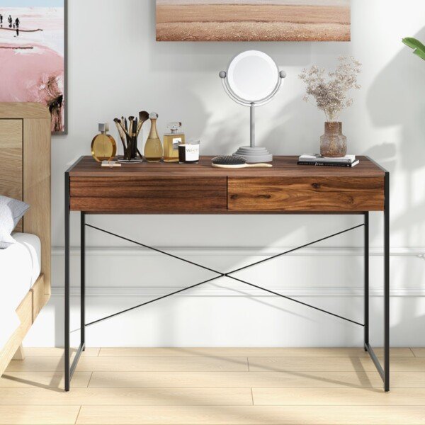 Biuro stalas su dviem stalčiais ir tvirtu plieno rėmu (Ruda)