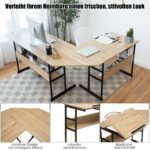 L formos kampinis rašomasis stalas su reguliuojama plokšte ir lentynomis (Natūrali)