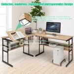 L formos kampinis rašomasis stalas su reguliuojama plokšte ir lentynomis (Natūrali)