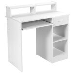 Rašomasis stalas su lentyna ir stalčiumi (Balta)