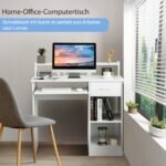 Rašomasis stalas su lentyna ir stalčiumi (Balta)