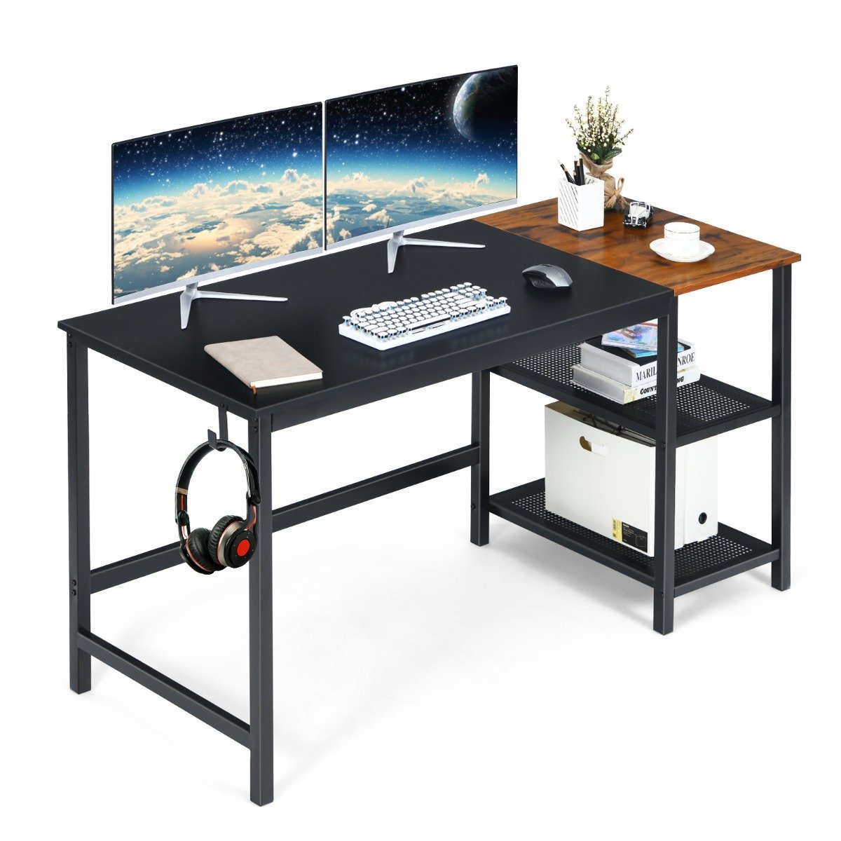 computertisch-hw67463bk_9_ 150 cm biuro stalas su laikymo lentynomis ir ausinių laikikliu (Juoda)