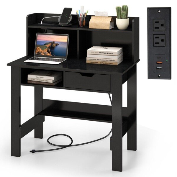 Kompaktiškas stalas su integruotu įkrovikliu ir papildomu stalviršiu (Juoda)