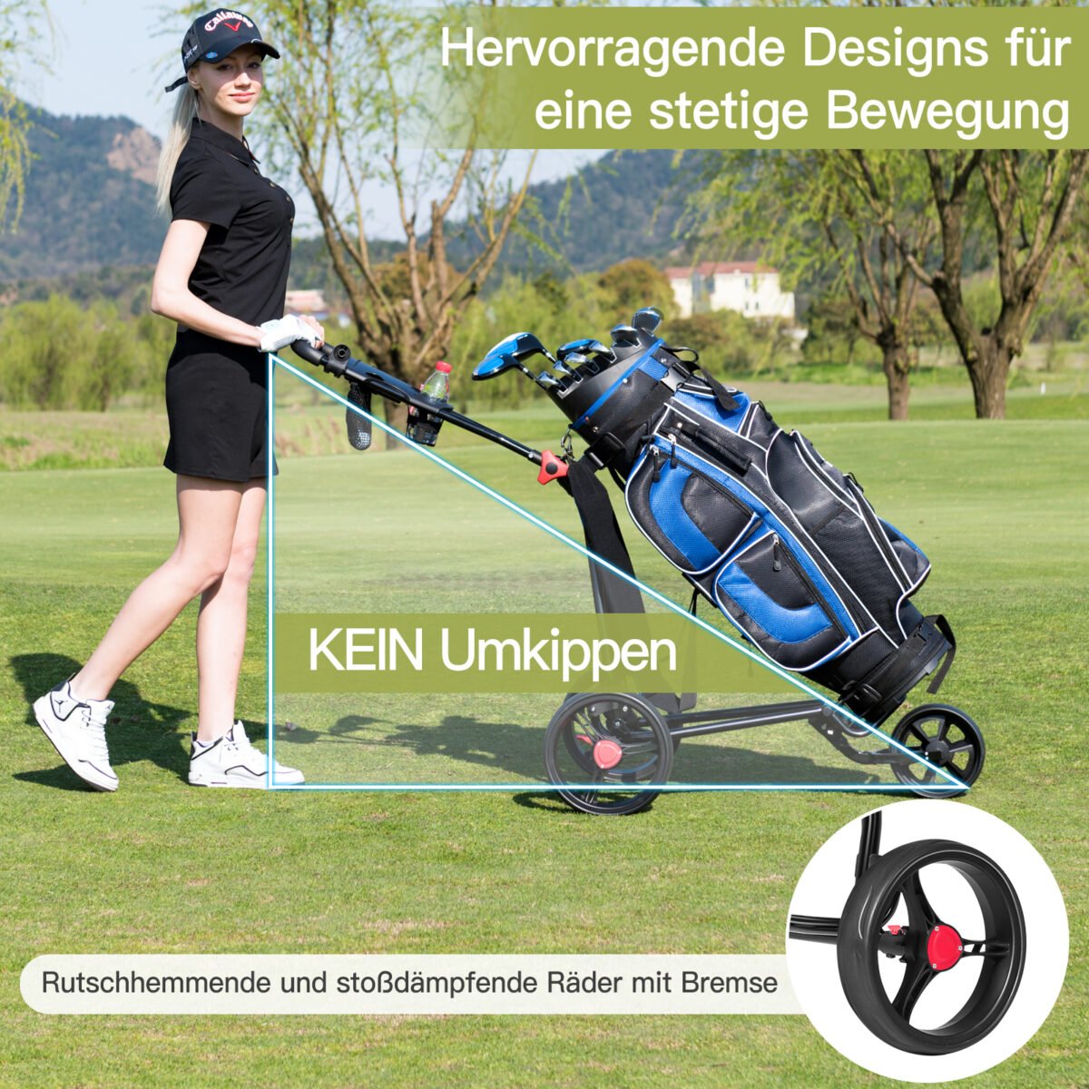 Trijų ratų sulankstomas golfo vežimėlis su reguliuojama rankena (Juoda)