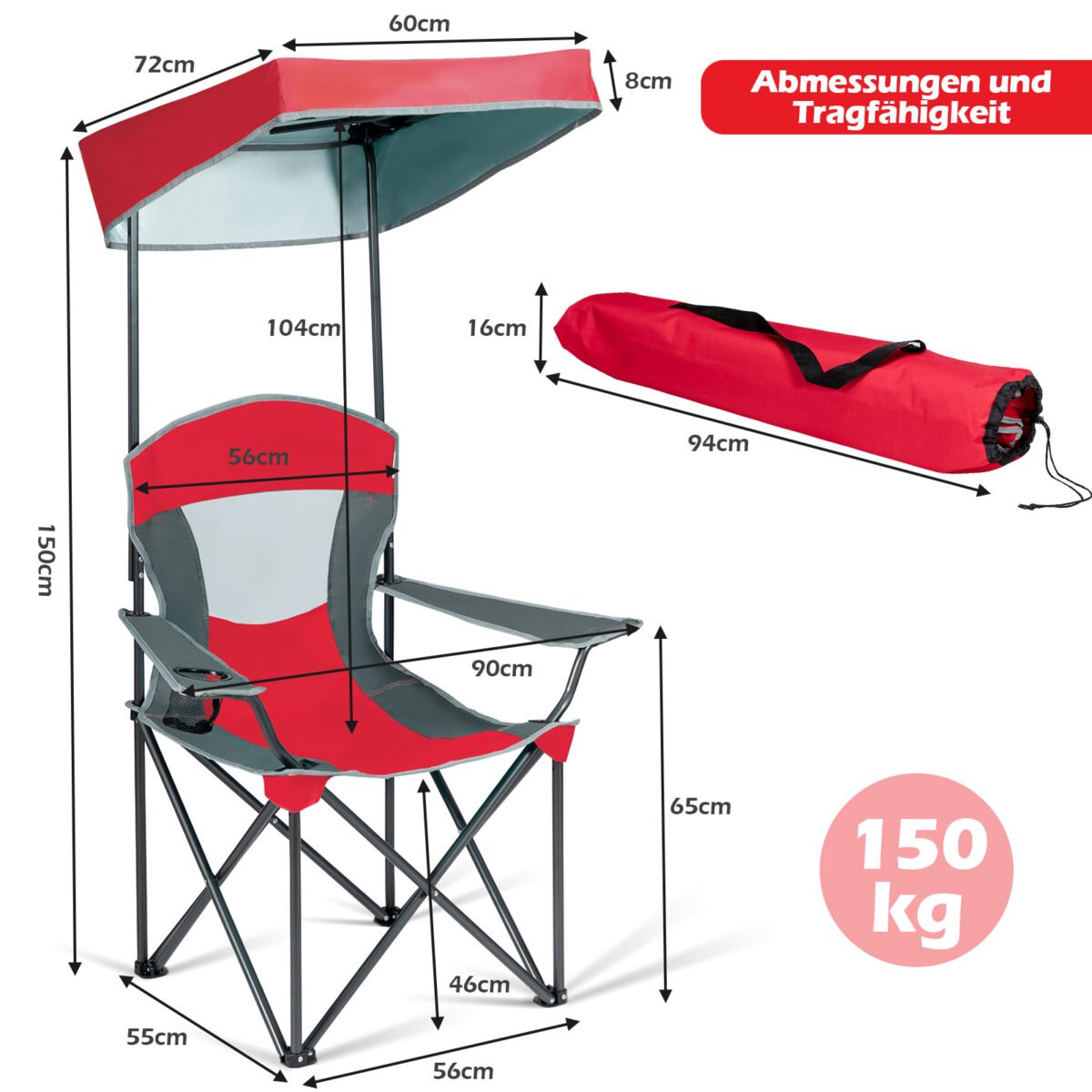 Sulankstoma kempingo kėdė su atlenkiamu stogeliu (Raudona)