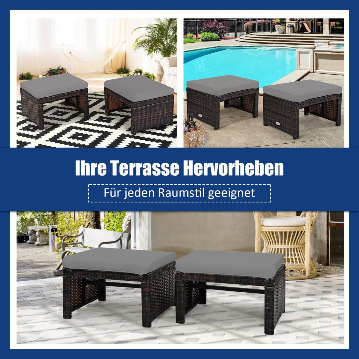 Lauko pufas-sėdynė iš PE rotango su pagalve (Pilka)