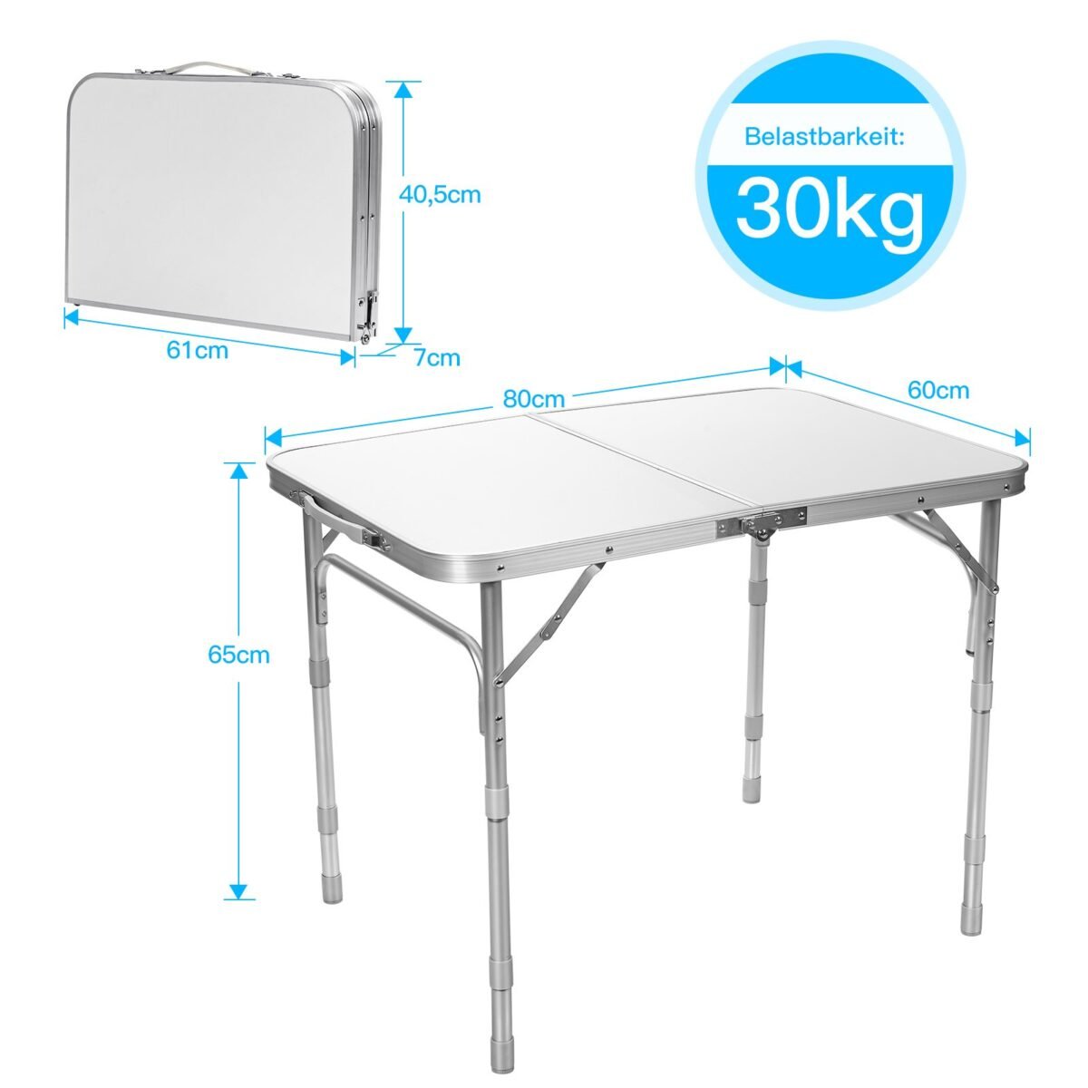 Sulankstomas aliumininis stalas su trimis reguliuojamomis padėtimis (Balta)