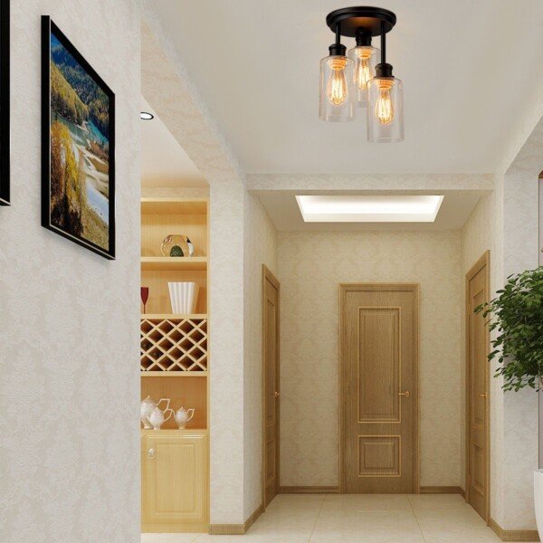 Modernus 3 lempučių lubinis šviestuvas su stikliniais gaubtais (Juoda)