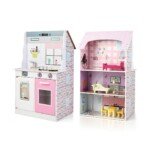 Dvipusė medinė vaikų virtuvėlė su lėlių nameliu (Rožinė)