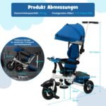 Vaikiškas triratukas su reguliuojama rankena ir stogeliu (Mėlyna)