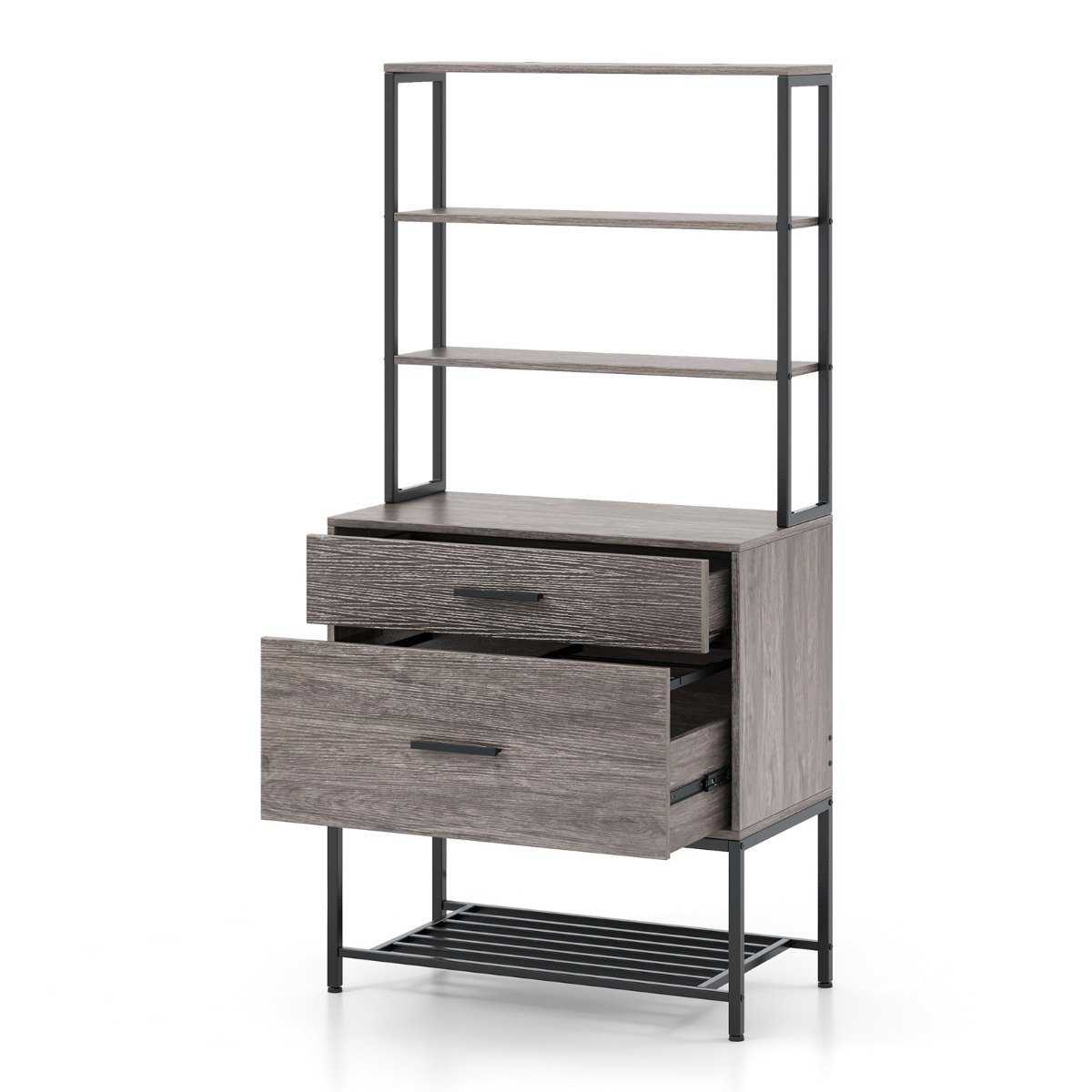 druckerschrank-aktenschrank-12181_1_ Biuro spintelė su atviromis lentynomis stalčiais ir įkrovimo stotele (Pilka)