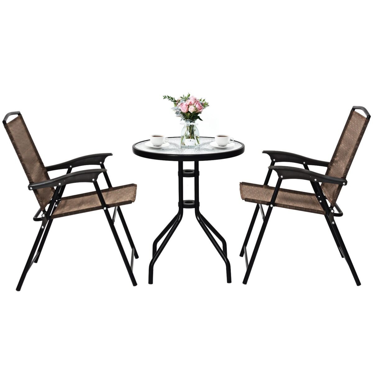 3 dalių sulankstomas bistro komplektas su stikliniu stalviršiu (Ruda)