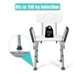 Reguliuojamo aukščio dušo kėdutė su atlošu ir porankiais (Balta)