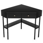 Kampinis rašomasis stalas su dviem stalčiais ir lentynomis (Juoda)