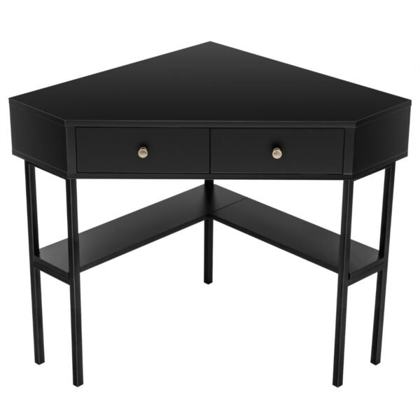Kampinis rašomasis stalas su dviem stalčiais ir lentynomis (Juoda)