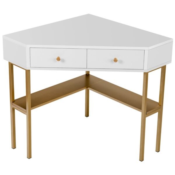 Kampinis rašomasis stalas su dviem stalčiais ir lentynomis (Auksinė)