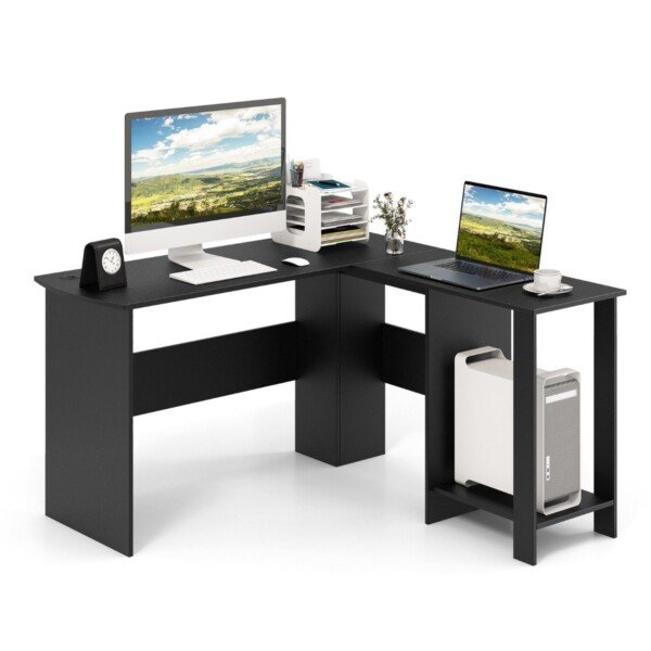 L formos kampinis rašomasis stalas su lentynomis (Juoda)