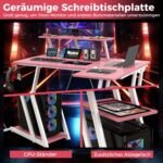 L formos žaidimų rašomasis stalas su USB ir elektros lizdais bei monitoriaus lentyna (Rožinė)