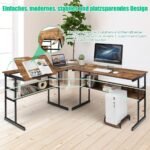 Kampinis rašomasis stalas su reguliuojama plokšte ir lentynomis (Ruda)