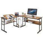 L formos kampinis rašomasis stalas su reguliuojama plokšte ir lentynomis (Riešuto)