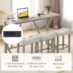 Baro stalas su trimis taburetėmis ir integruotais elektros lizdais (Smėlio)