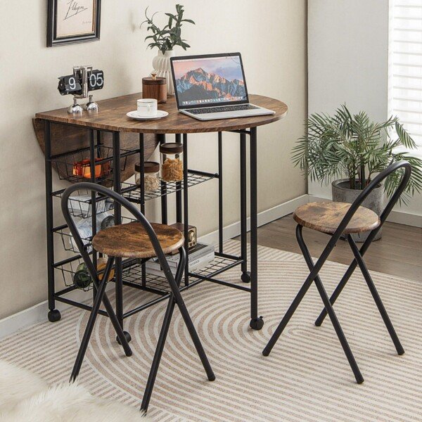 Sulankstomas baro stalas su laikymo lentynomis ir dviem kėdėm (Ruda)