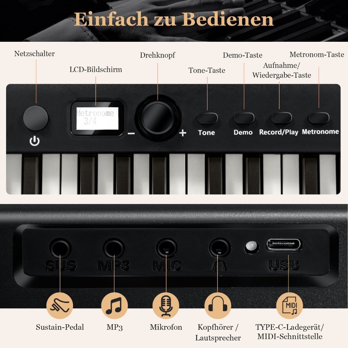 Sulankstomas elektroninis pianinas su 88 apšviečiamais klavišais (Juoda)