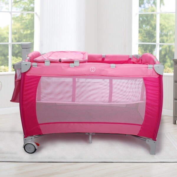 Daugiafunkcis kelioninis lopšys-maniežas su supimo funkcija ir priedais (Rožinė)