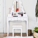 Šiaudų pluošto ir medžio stalelis su apšviestu veidrodžiu ir penkiais stalčiais (Balta)