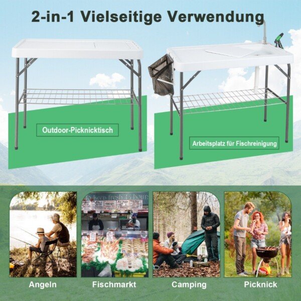 Sulankstomas lauko stalas su kriaukle ir čiaupu (Juoda ir balta)