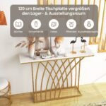 Siauras konsolinis staliukas su marmuro imitacijos stalviršiu ir geometriniu metaliniu rėmu (Auksinė)