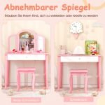 Vaikiškas kosmetinis staliukas su kėdute ir sulankstomu veidrodžiu (Rožinė)