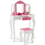Vaikiškas kosmetinis staliukas su kėdute ir sulankstomu veidrodėliu (Rožinė)
