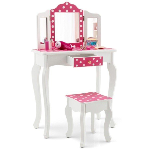 Vaikiškas kosmetinis staliukas su kėdute ir sulankstomu veidrodėliu (Rožinė)