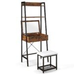 Kompaktiškas dviejų funkcijų tualetinis staliukas su laikymo vieta ir kėdute (Natūrali ruda)