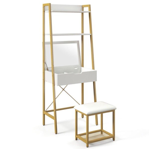 Kompaktiškas stalviršio ir kėdės komplektas su laikymo sprendimais (Pilka ir balta)