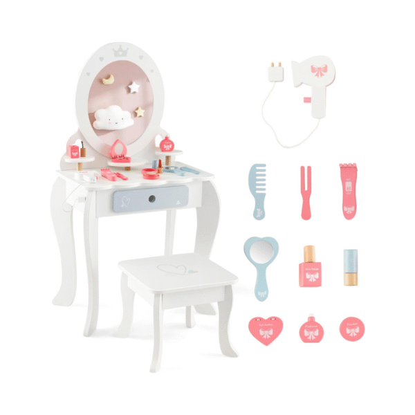 2-in-1 vaikiškas kosmetinis staliukas su taburete ir nuimamu veidrodžiu (Balta)
