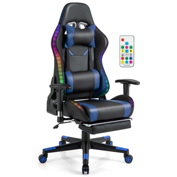Ergonomiška žaidimų kėdė su RGB apšvietimu ir ištraukiama kojų atrama (Mėlyna)