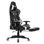 Ergonomiška žaidimų kėdė su reguliuojamu atlošu ir ištraukiama kojų atrama (Balta)