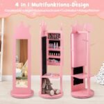 4-in-1 juvelyrinių dirbinių spintelė su veidrodžiu ir drabužių kabykla (Rožinė)