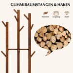 Besisukantis medinis drabužių kabyklos stovas su trimis lentynomis ir devyniais kabliukais (Riešutas)