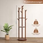 Besisukantis medinis drabužių kabyklos stovas su trimis lentynomis ir devyniais kabliukais (Riešutas)